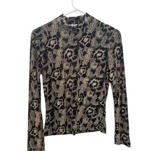VTG Y2K Donna Degnan Floral Semi-sheer Mock Turtle Neck Black Gold Long Sleeve